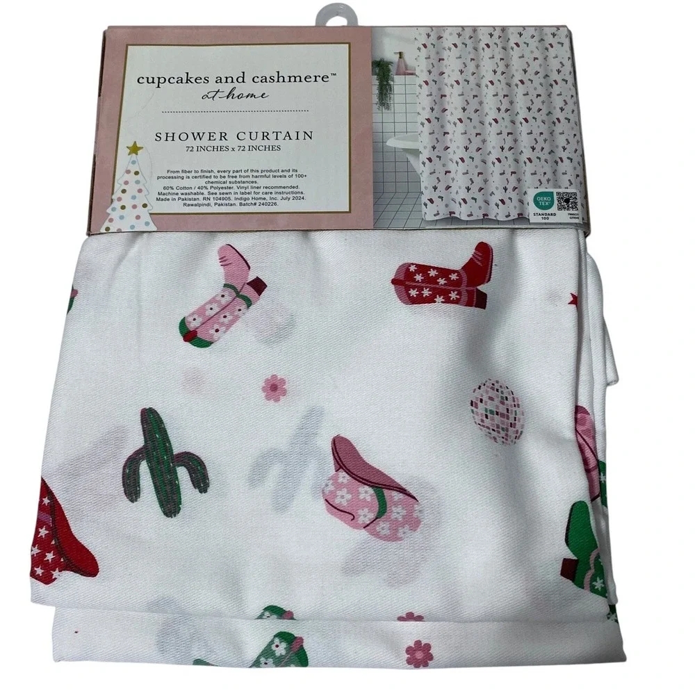 Cupcakes And Cashmere Christmas Shower Curtain Pink Preppy Western Boot Cowgirl